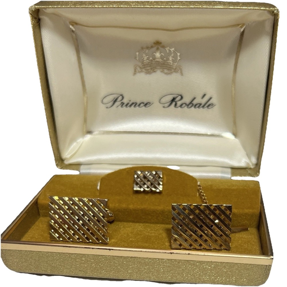Men's Vintage New In Box Prince Robale Timeless Gold Tone‎ Cuff Links & Tie Pin